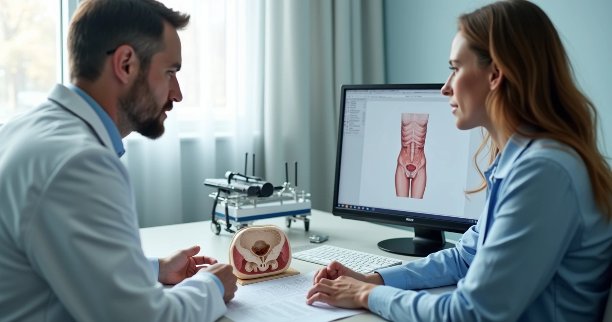 Consulta urológica com modelo anatômico e exames sobre a mesa 