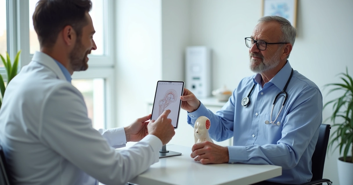 Urologista mostrando ilustração anatômica em consultório 