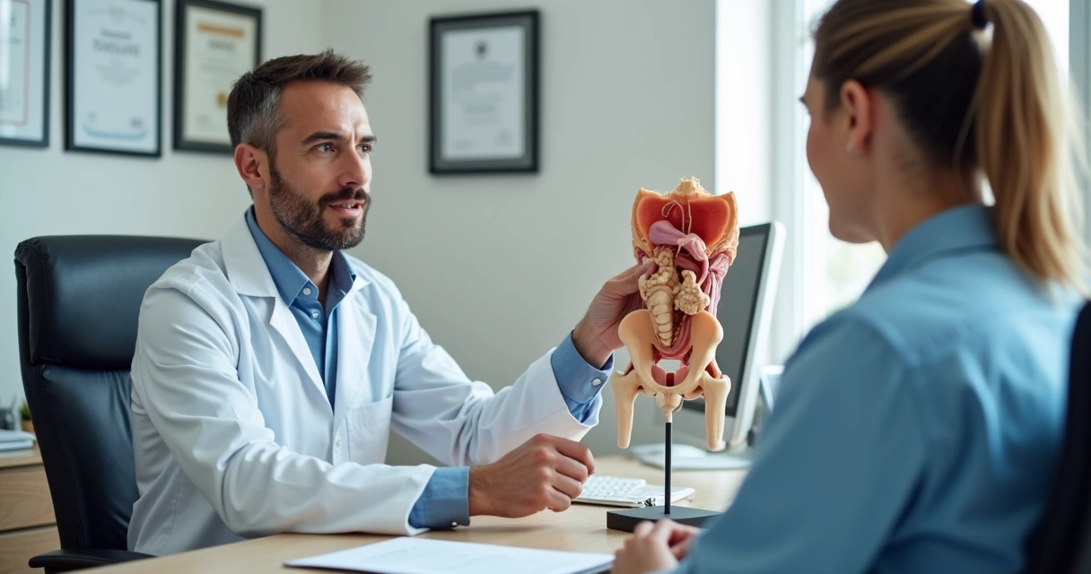 Médico apontando modelo anatômico em consultório urológico 