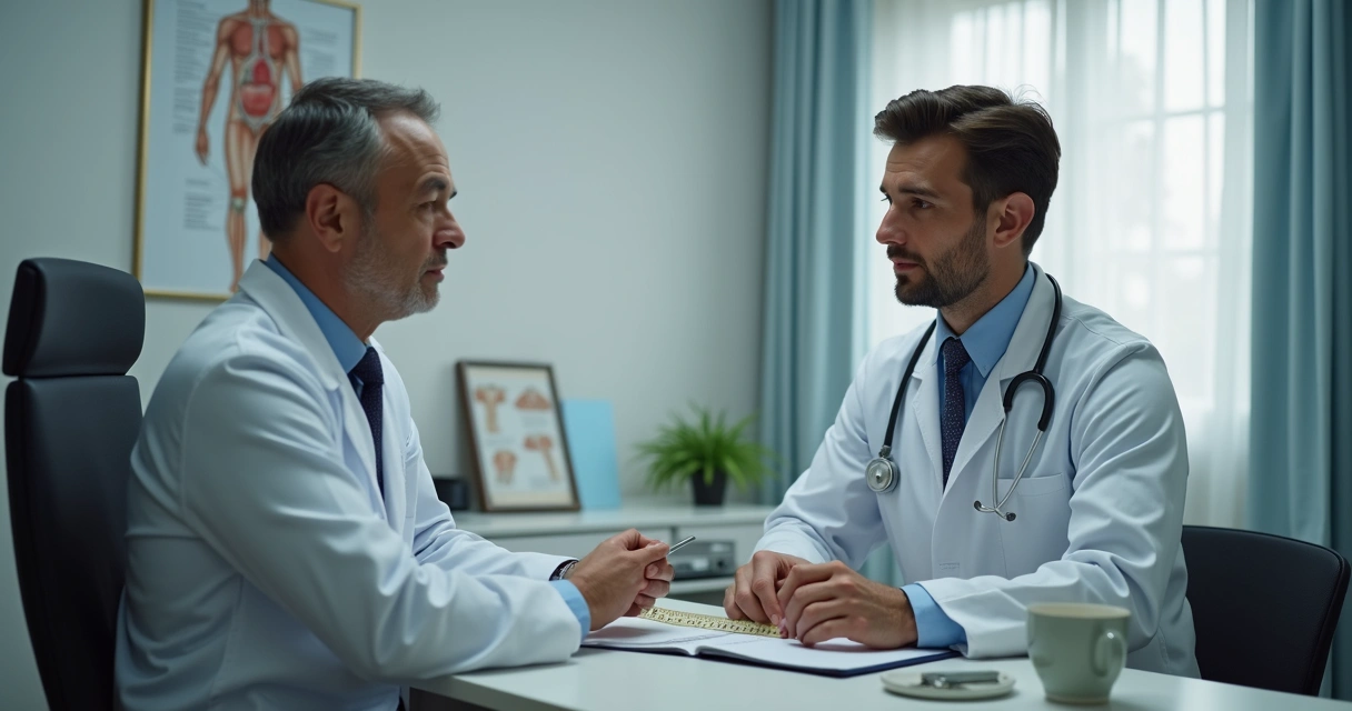 Consulta urológica com fita métrica e esquema anatômico em mesa clínica