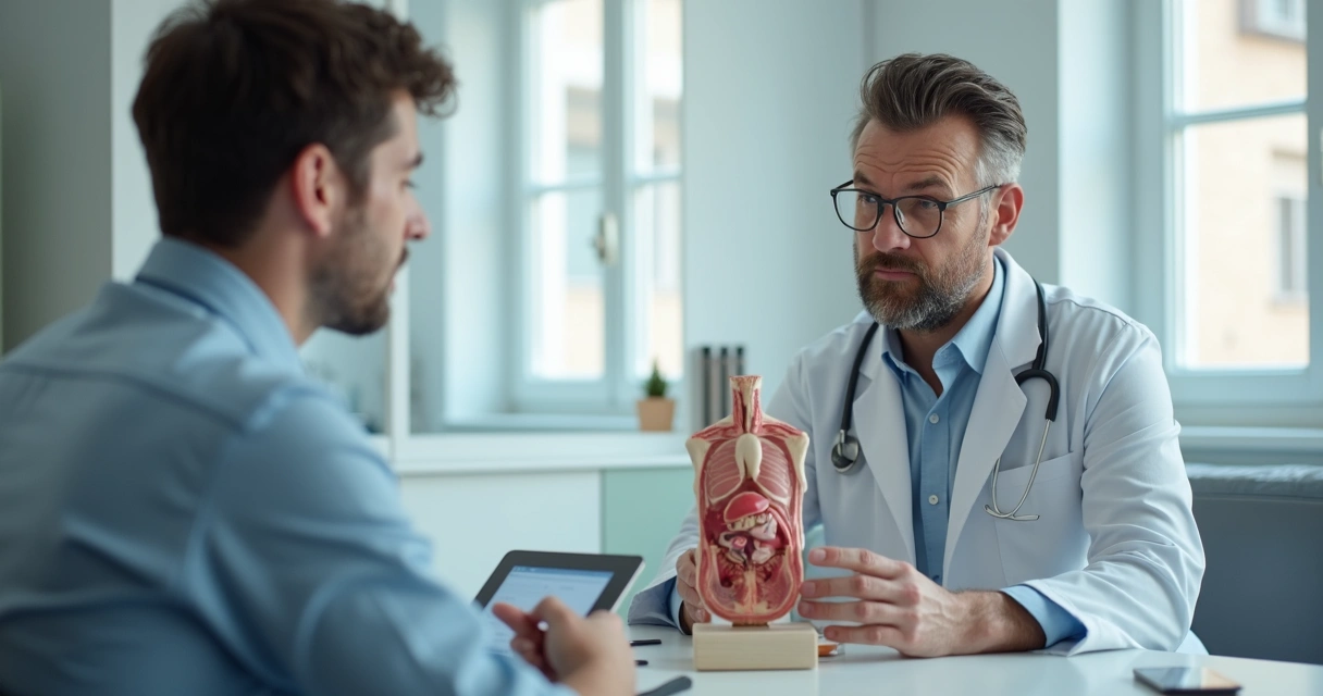 Urologista em consulta explicando anatomia peniana ao paciente 