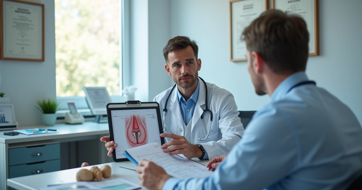 Urologista mostrando esquema de curvatura peniana ao paciente 