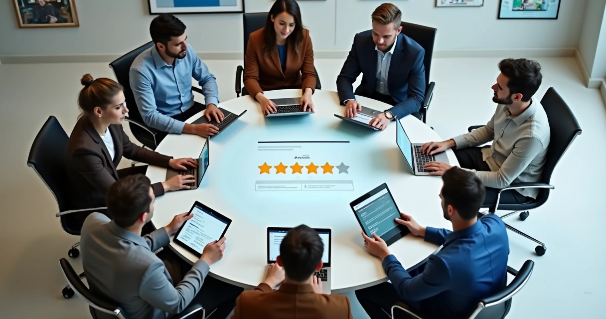 Usuários avaliando agente de IA em dispositivo 