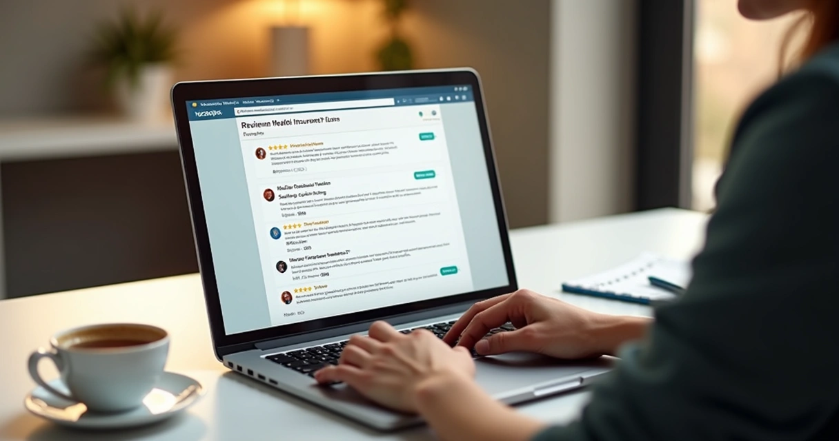 Pessoa lendo avaliações online de planos de saúde no notebook 
