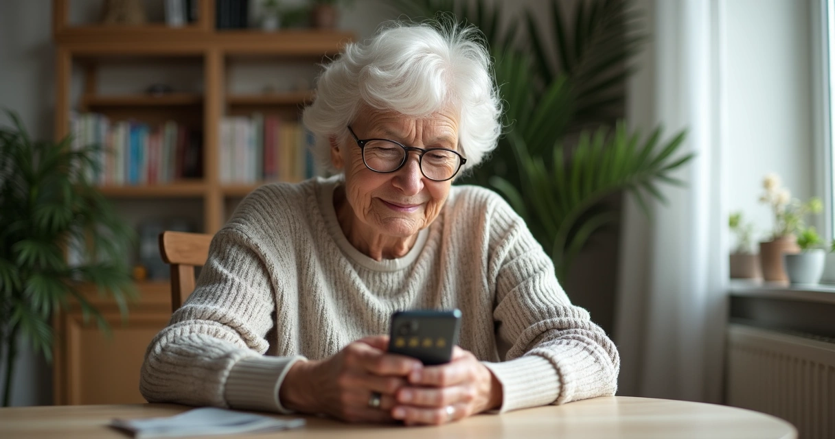 Pessoa idosa usando celular avaliando um serviço de saúde