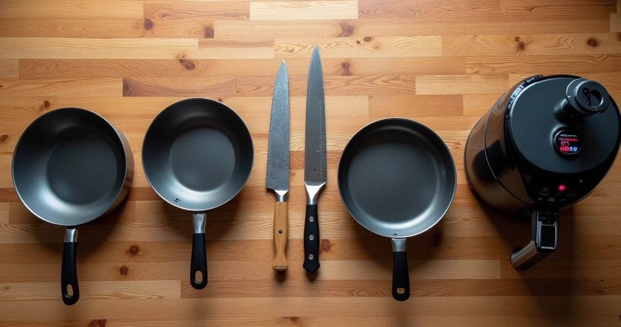Utensílios de cozinha lado a lado em avaliação 