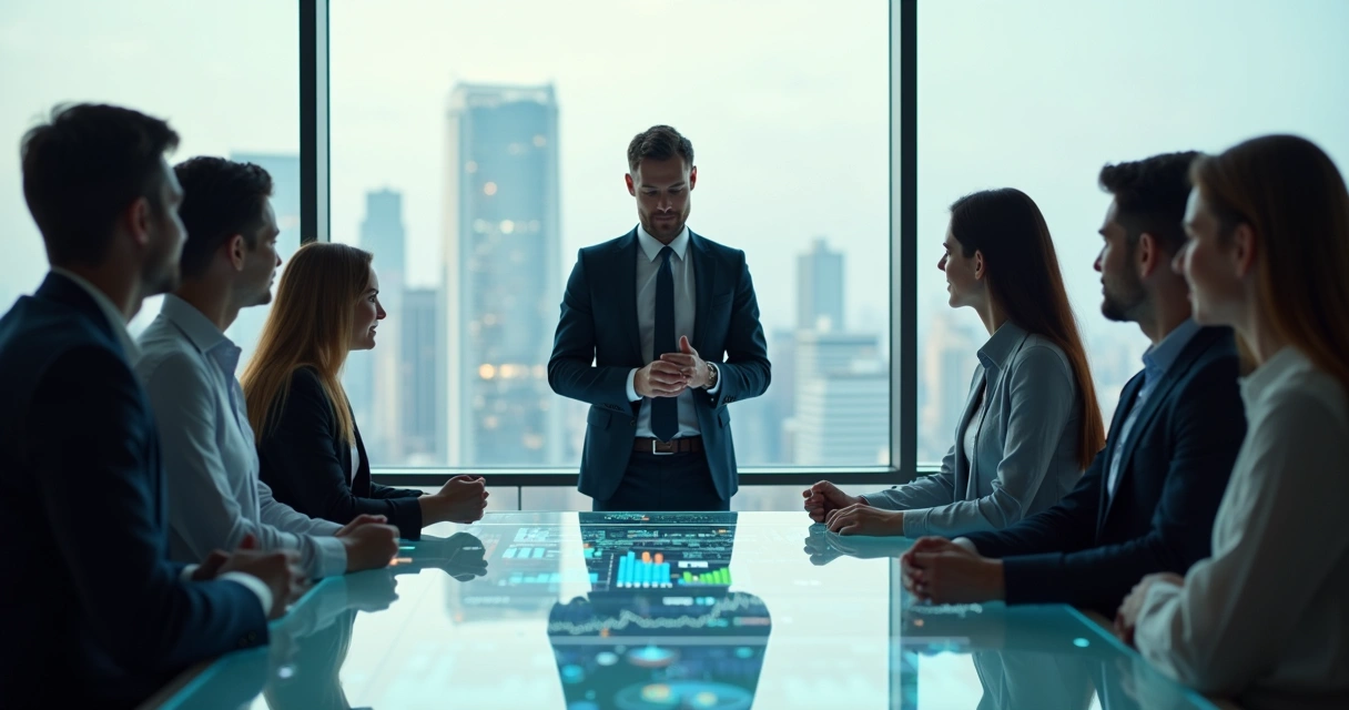 Líder avaliando o valor humano de uma equipe em painel digital futurista 