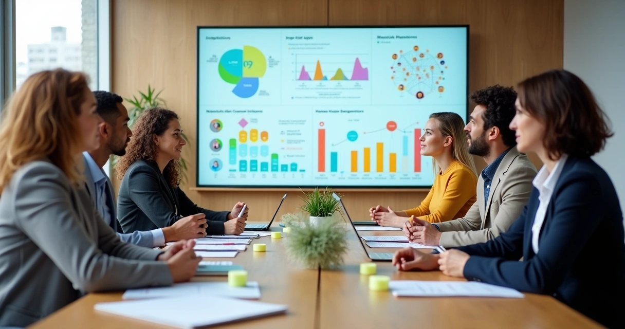 Equipe diversa avaliando indicadores de valor humano em uma organização social 