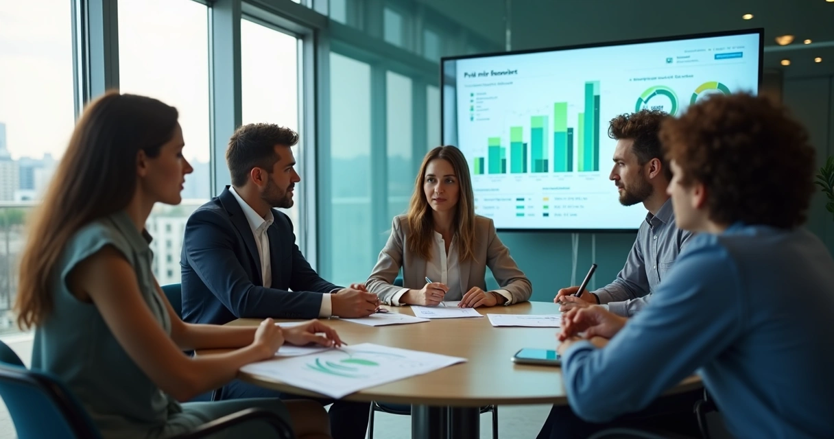 Equipe reunida discutindo e analisando fatores humanos em uma empresa