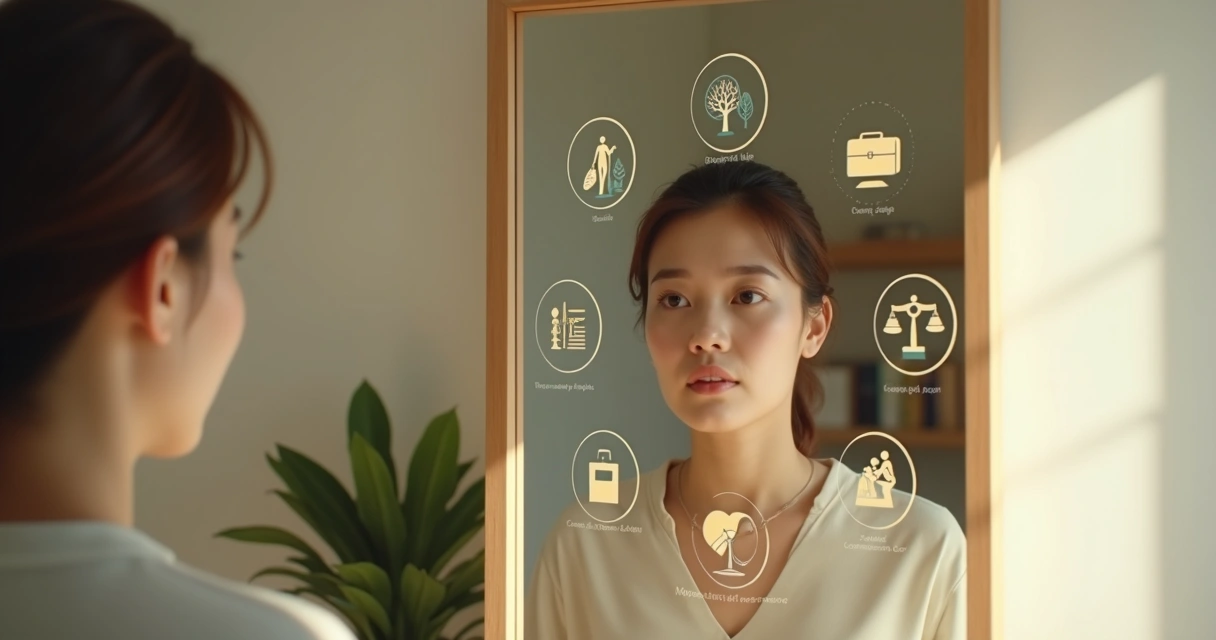 Pessoa avaliando seu valor humano em frente ao espelho com ícones de vida pessoal e profissional ao redor 