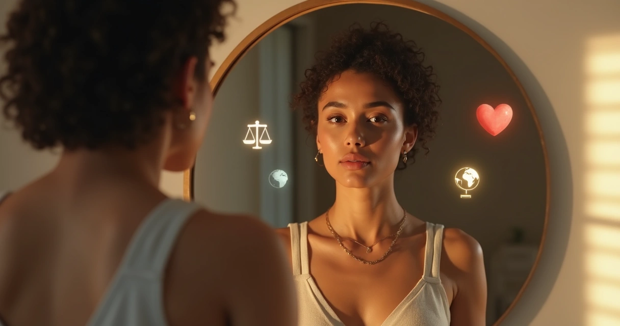 Pessoa olhando para o próprio reflexo no espelho com elementos que representam ética e propósito ao redor 