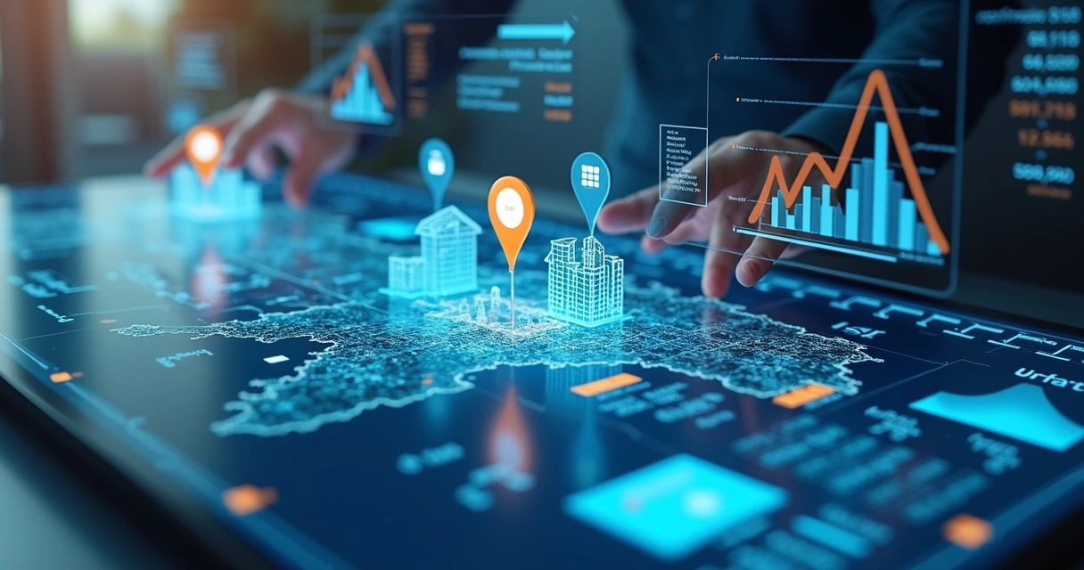 Mapa interativo digital exibindo avaliação detalhada do valor venal de imóveis com gráficos e filtros 