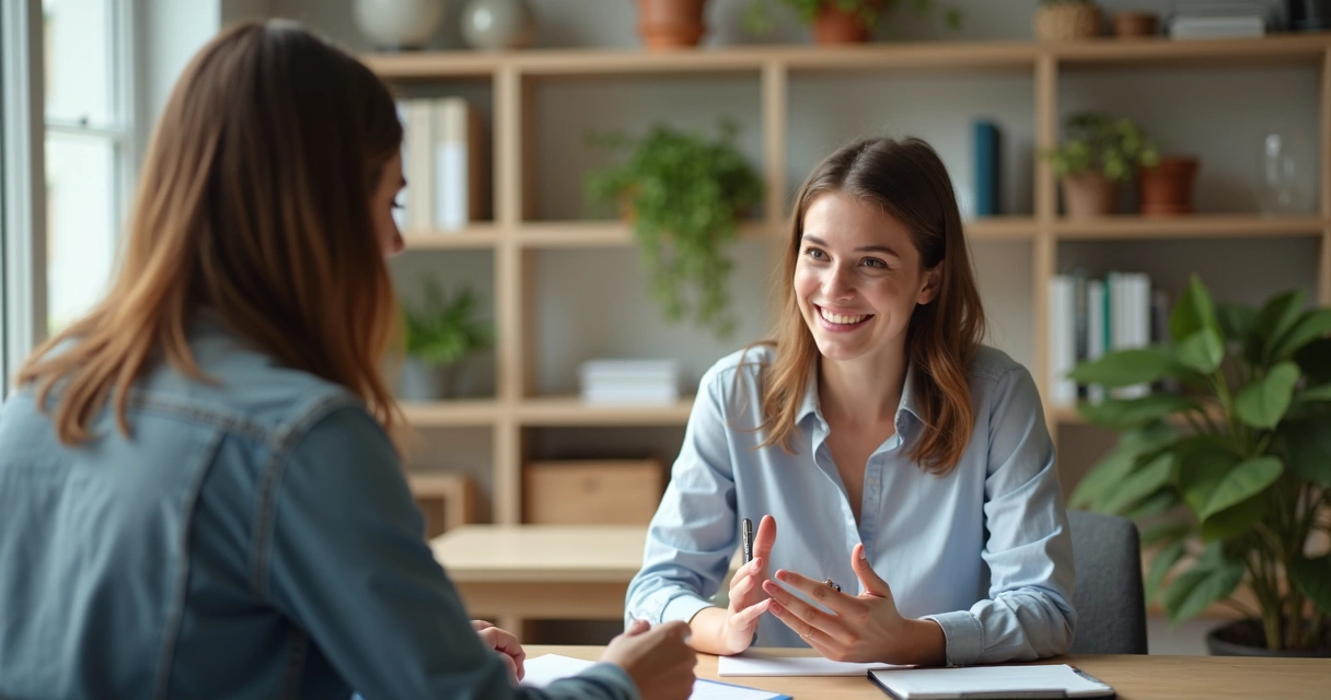 Candidata sorrindo conversa sobre valores humanos em seleção 