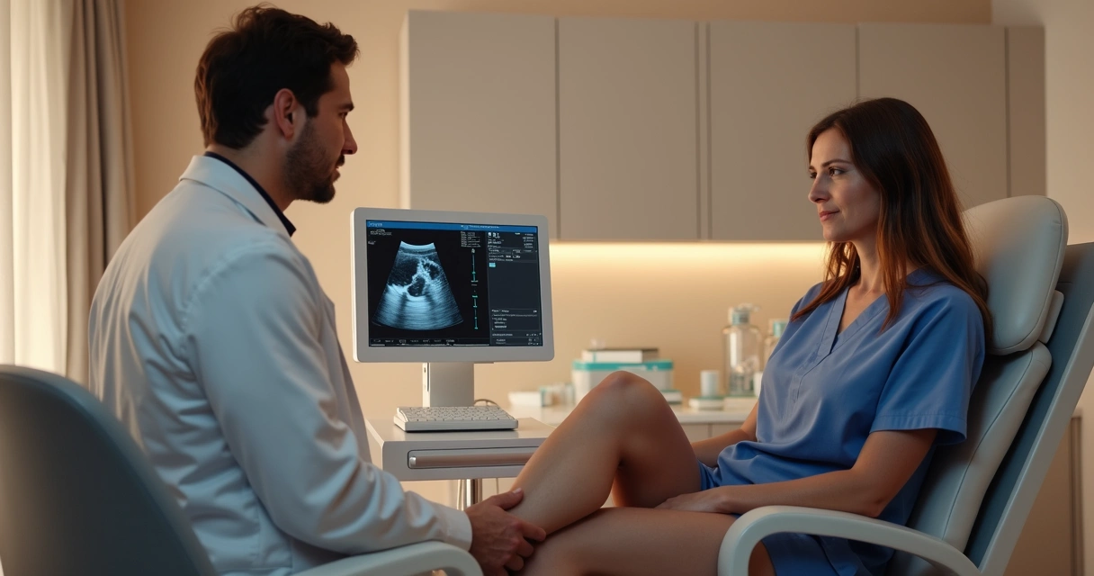 Médico vascular avaliando pernas com ultrassom em consultório moderno 