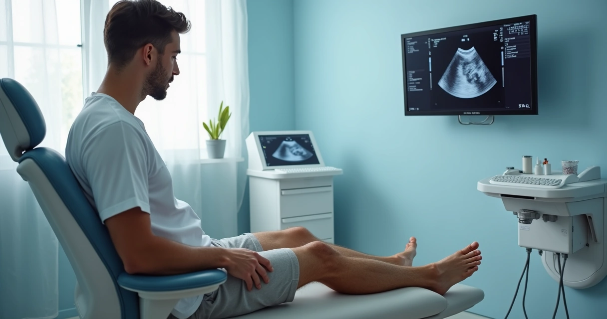 Avaliação vascular de pernas masculinas em consultório 