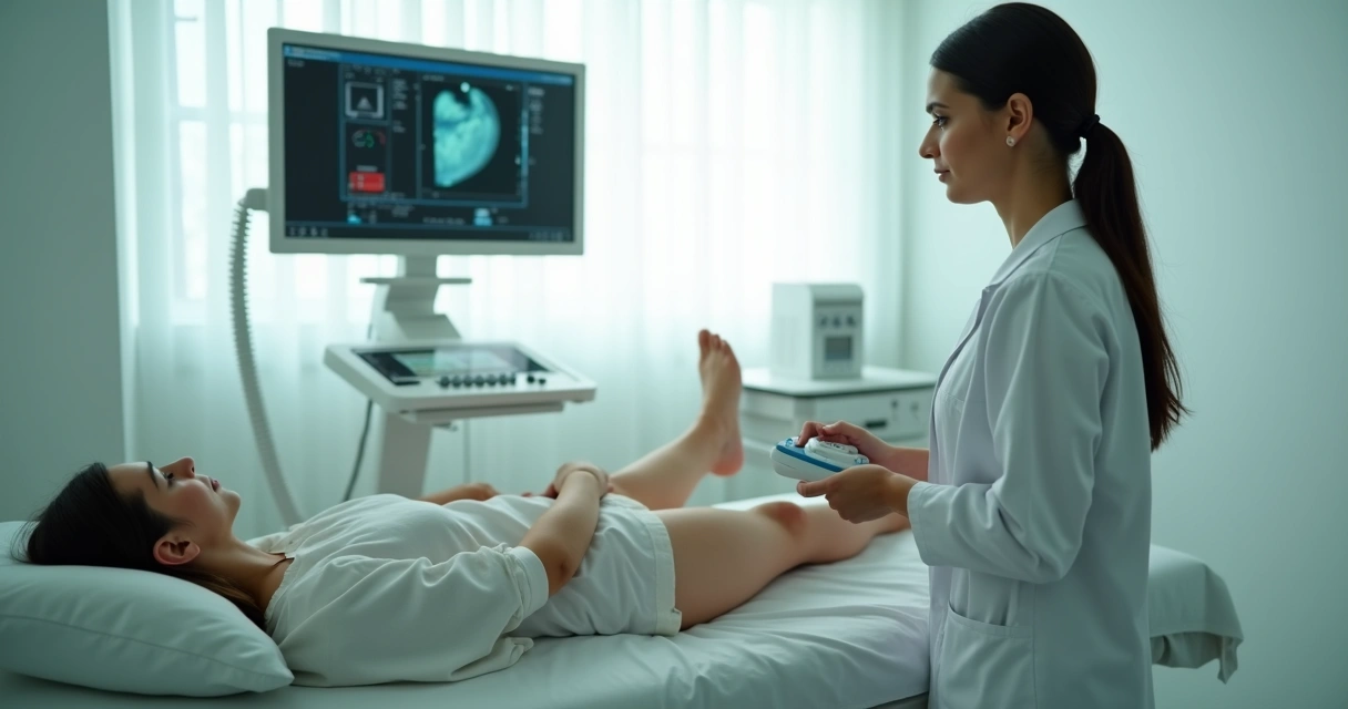 Médico vascular avaliando pernas com ultrassom 