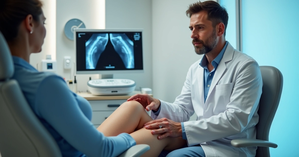 Médico vascular avaliando pernas em consultório 