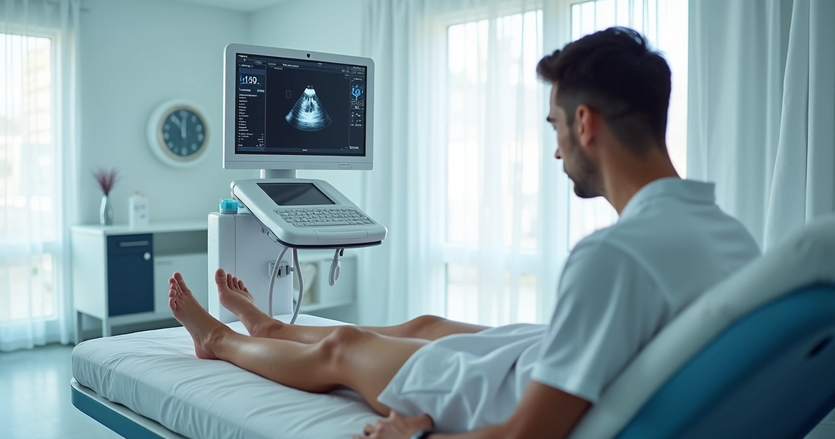 Avaliação vascular com ultrassom nas pernas em consultório 