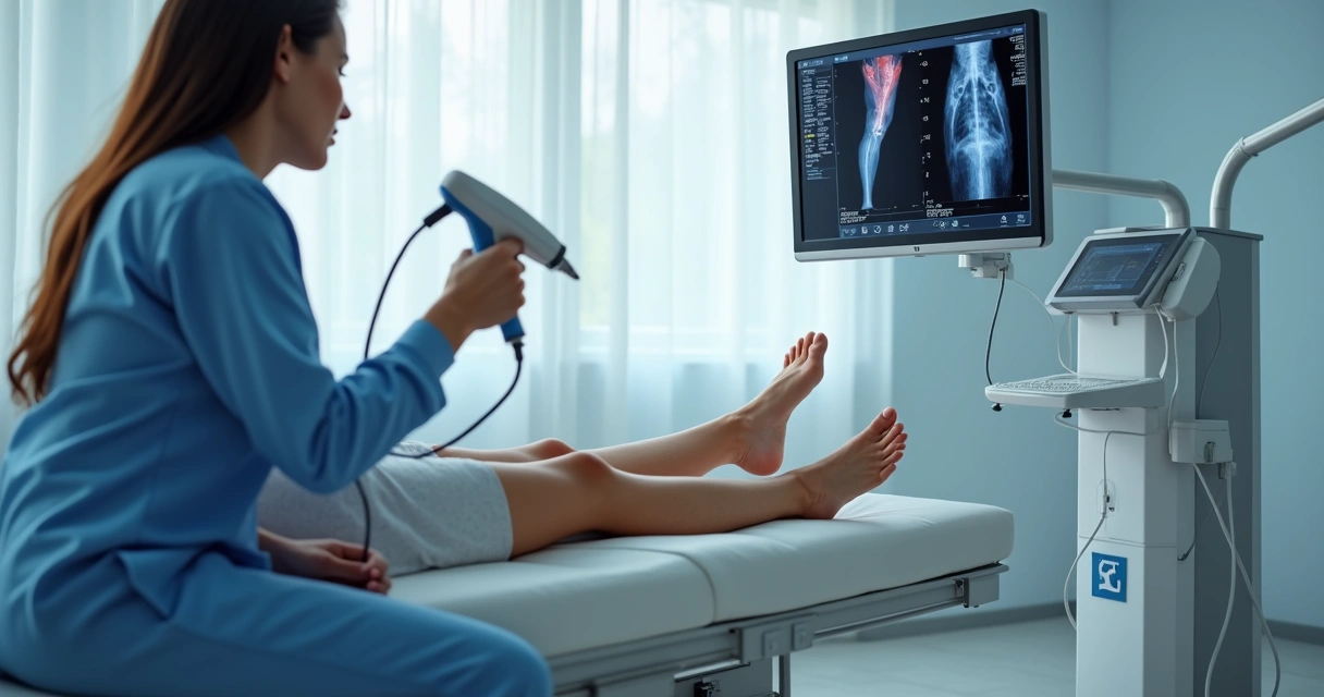 Médico vascular realizando ultrassom nas pernas de paciente