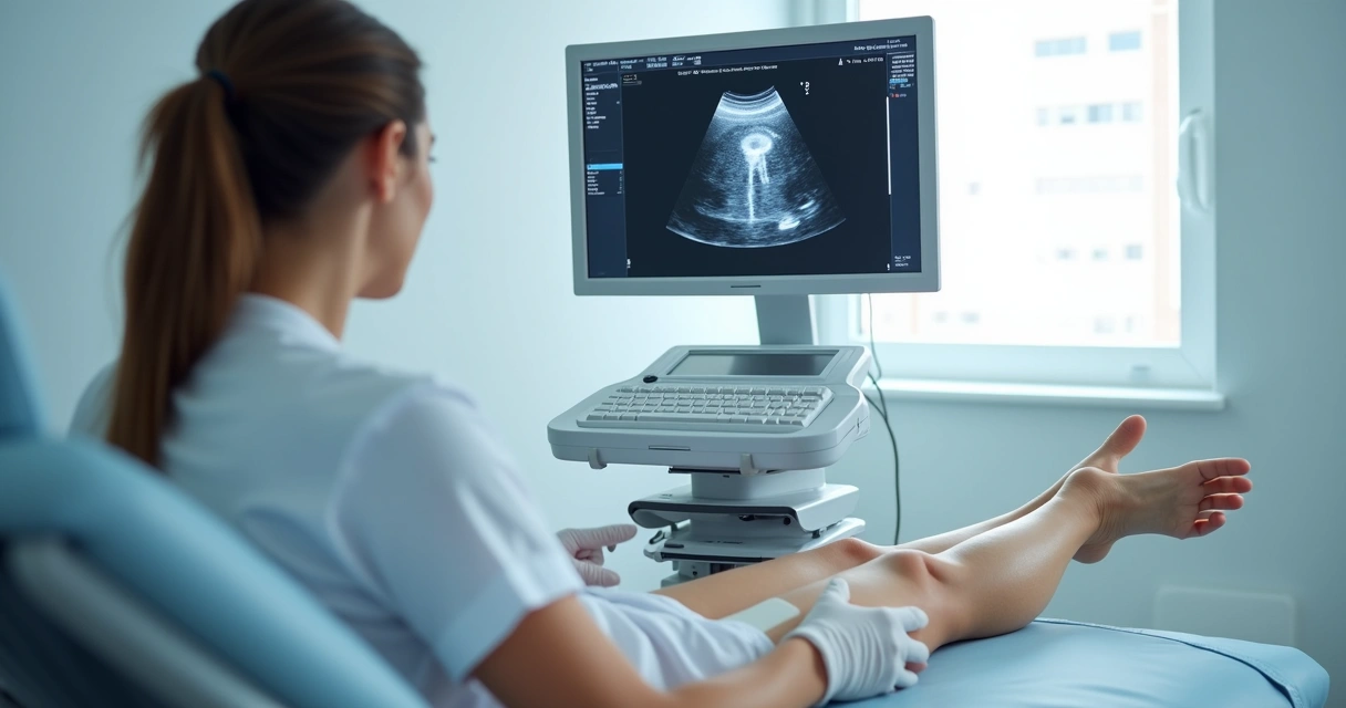 Médico vascular realizando ultrassom nas pernas de paciente 