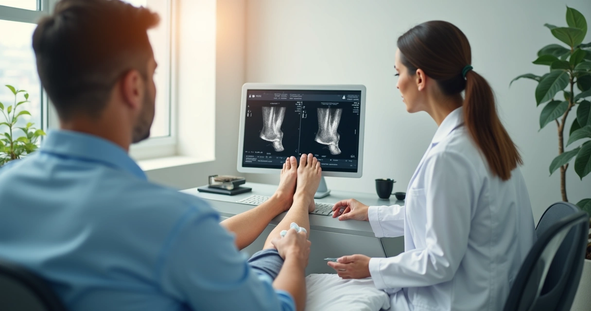 Médico realizando avaliação vascular com ultrassom nas pernas