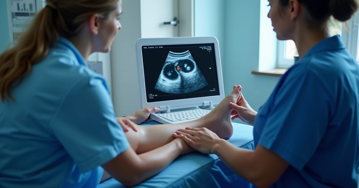 Avaliação vascular com ultrassom 3D na perna de paciente 