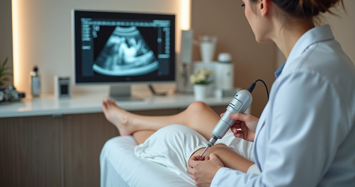 Médico realiza ultrassom vascular nas pernas de paciente em clínica moderna 