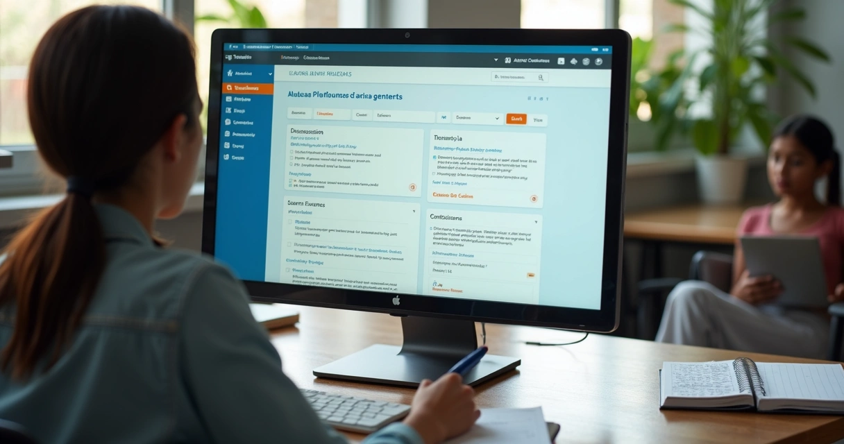 Tela de plataforma com atividade online e professor revisando respostas