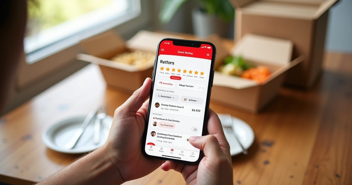 Tela de aplicativo com avaliações altas de delivery