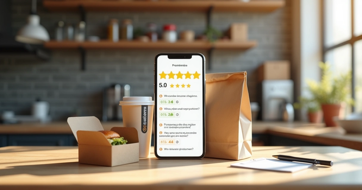 Tela de aplicativo de delivery mostrando avaliações cinco estrelas destacadas 