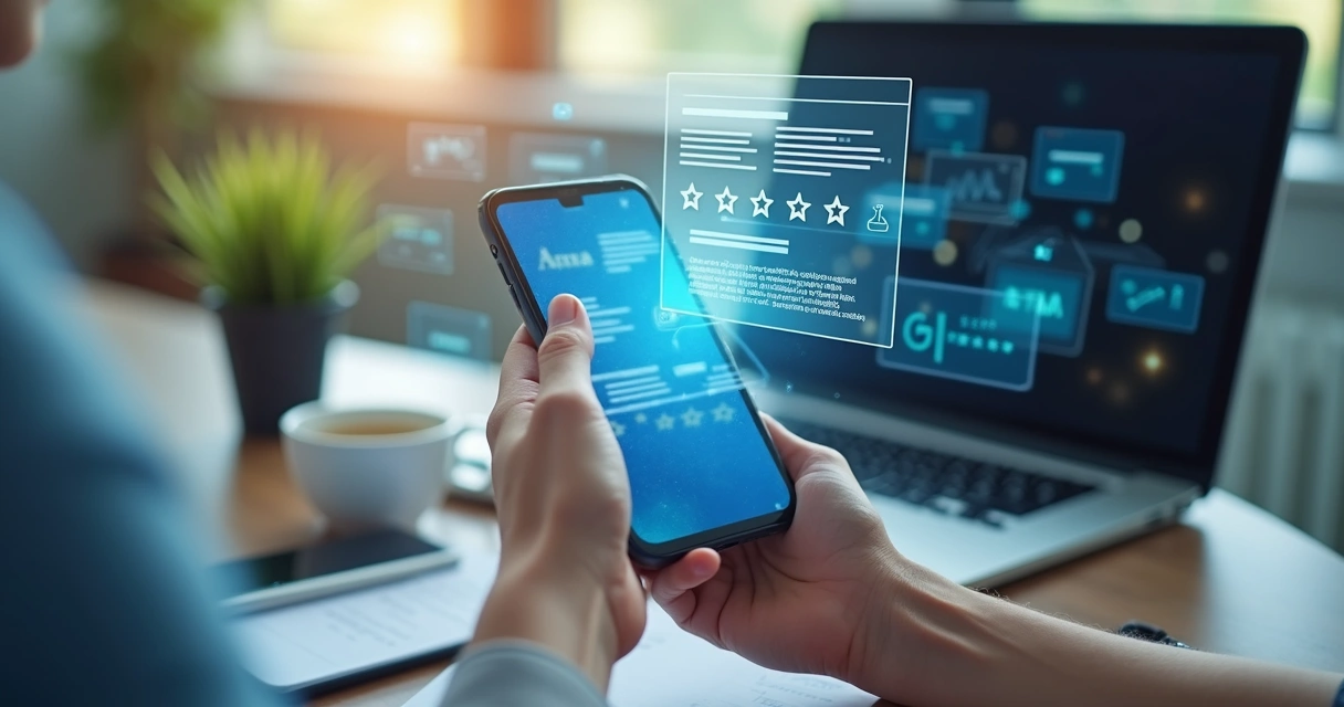 Pessoa usando smartphone e analisando avaliações de clientes em uma tela digital com gráficos e estrelas de avaliação 