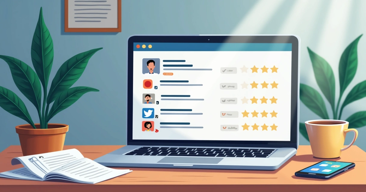 Avaliações de clientes sobre fornecedor de seguidores em um laptop, com críticas e comentários positivos ao fundo.