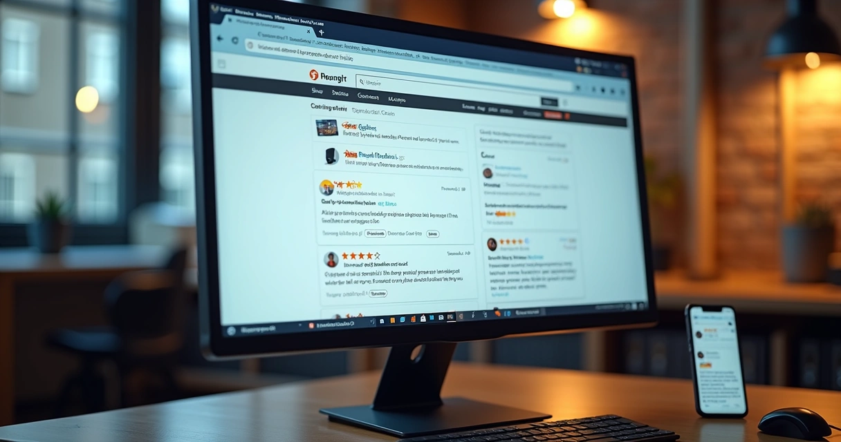 Tela de ecommerce com avaliações de clientes e estrelas de pontuação visíveis