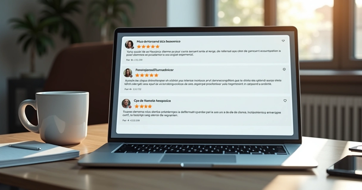Tela de notebook com website exibindo avaliações de clientes, incluindo estrelas e comentários, em um ambiente de escritório moderno 