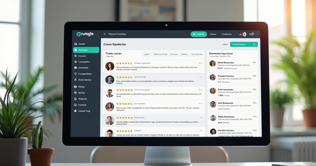 Avaliações e depoimentos digitais de cursos online em tela de computador 