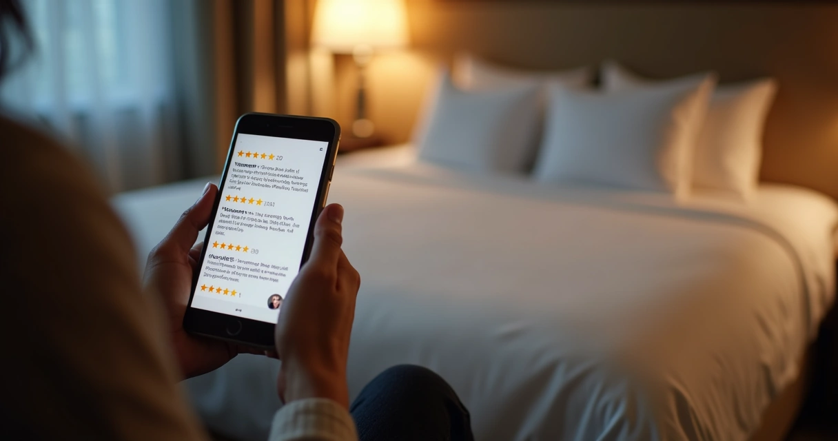 Pessoa lendo avaliações de motel no celular em um quarto