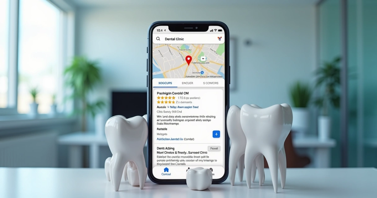 Tela de resultados do Google mostrando clínica odontológica com avaliações de pacientes em destaque