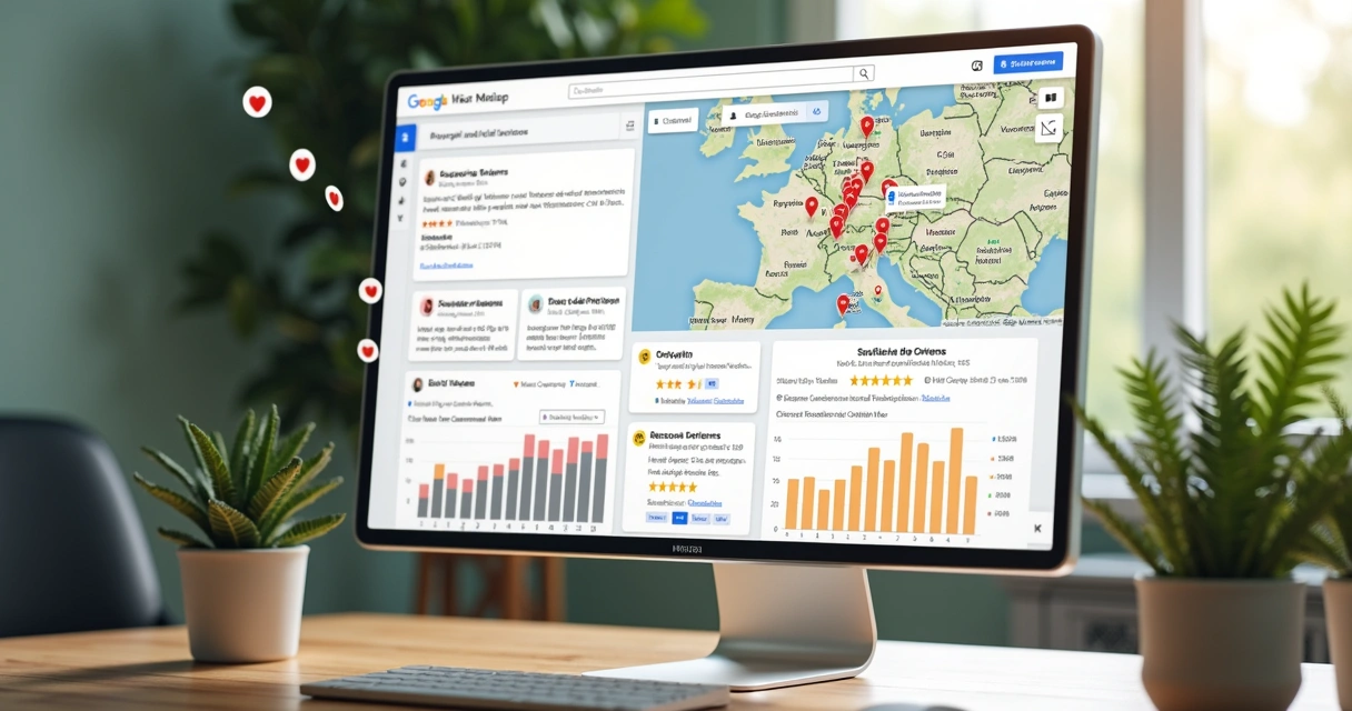 Interface digital mostra avaliações positivas de clínica com destaque em IA 