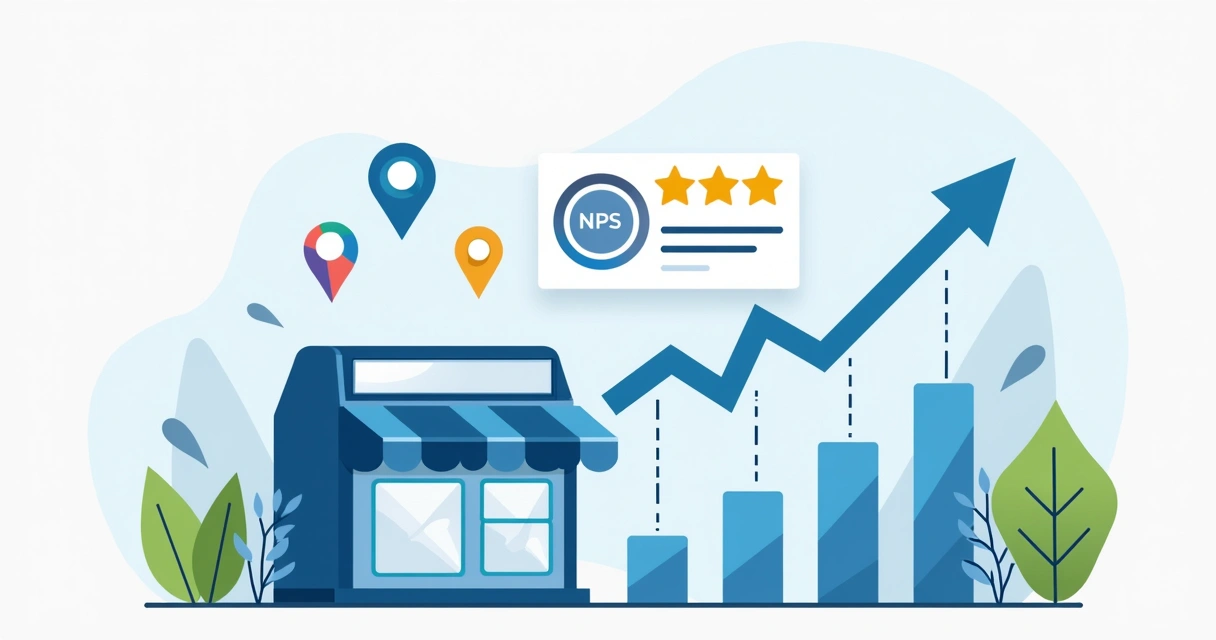 Ilustração corporativa mostrando avaliação positiva no Google Maps com estrelas, gráfico de NPS crescente e loja de varejo ao fundo 