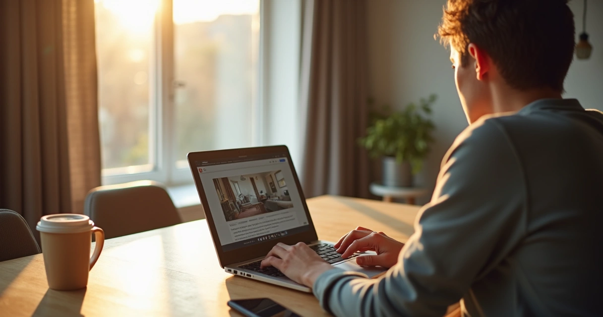 Pessoa sentada com notebook lendo avaliações online de hotel 