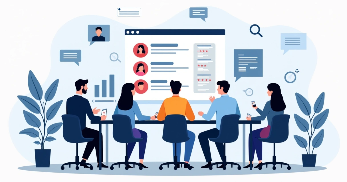 Ilustração corporativa plano mostrando profissionais analisando avaliações negativas em painel digital 