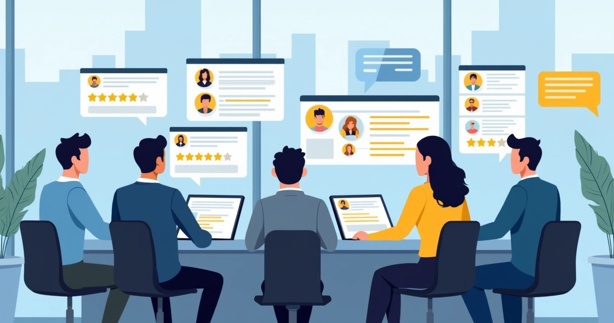 Pessoas analisando avaliações em telas de dispositivos digitais 
