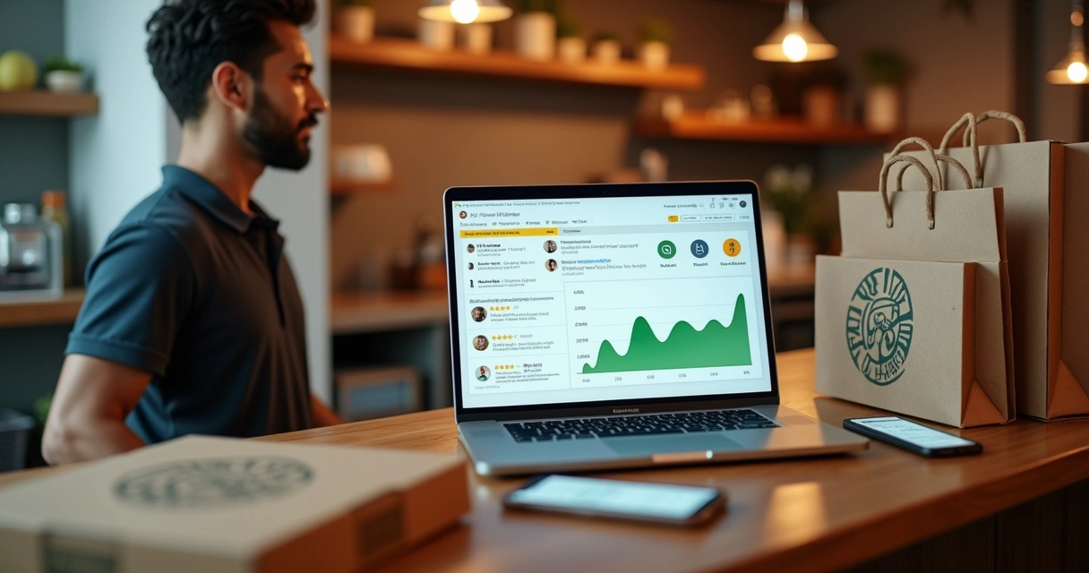 Dono de restaurante analisa avaliações online em tela com pedidos de delivery 