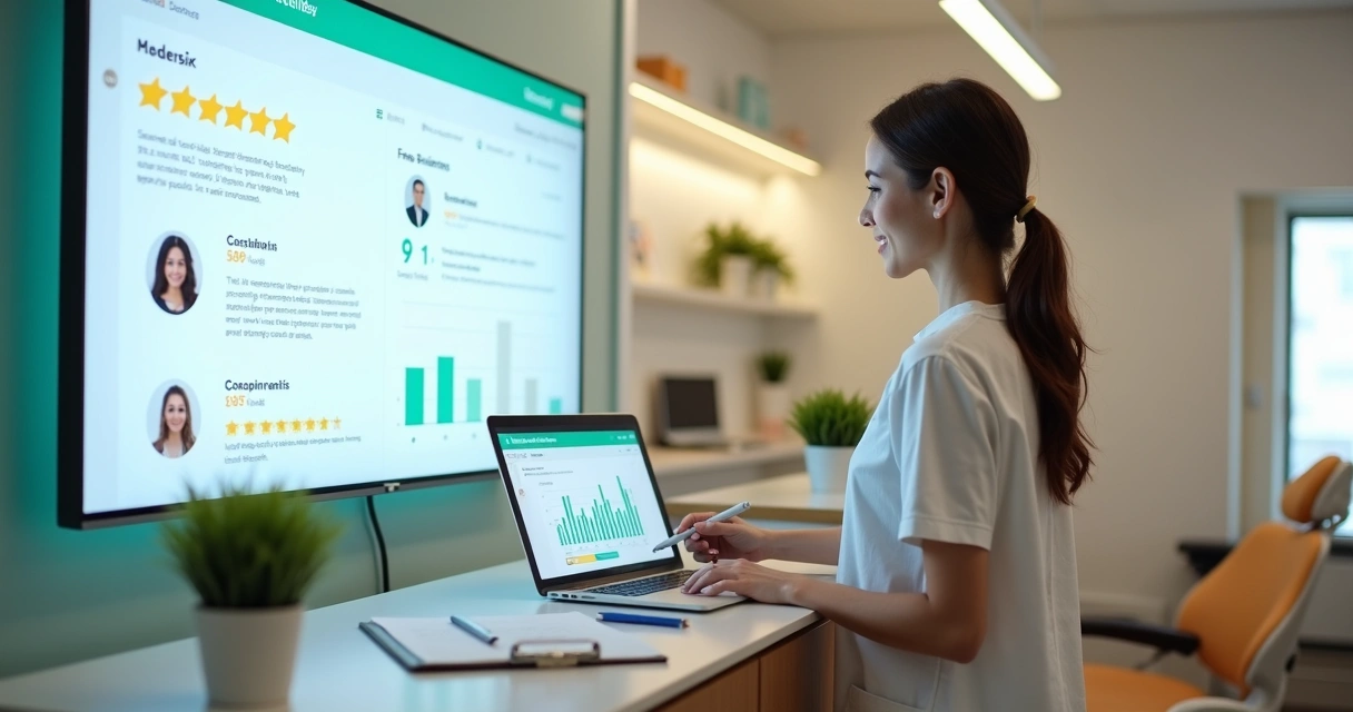 Recepcionista de clínica odontológica analisa avaliações online de pacientes em mural digital colorido 