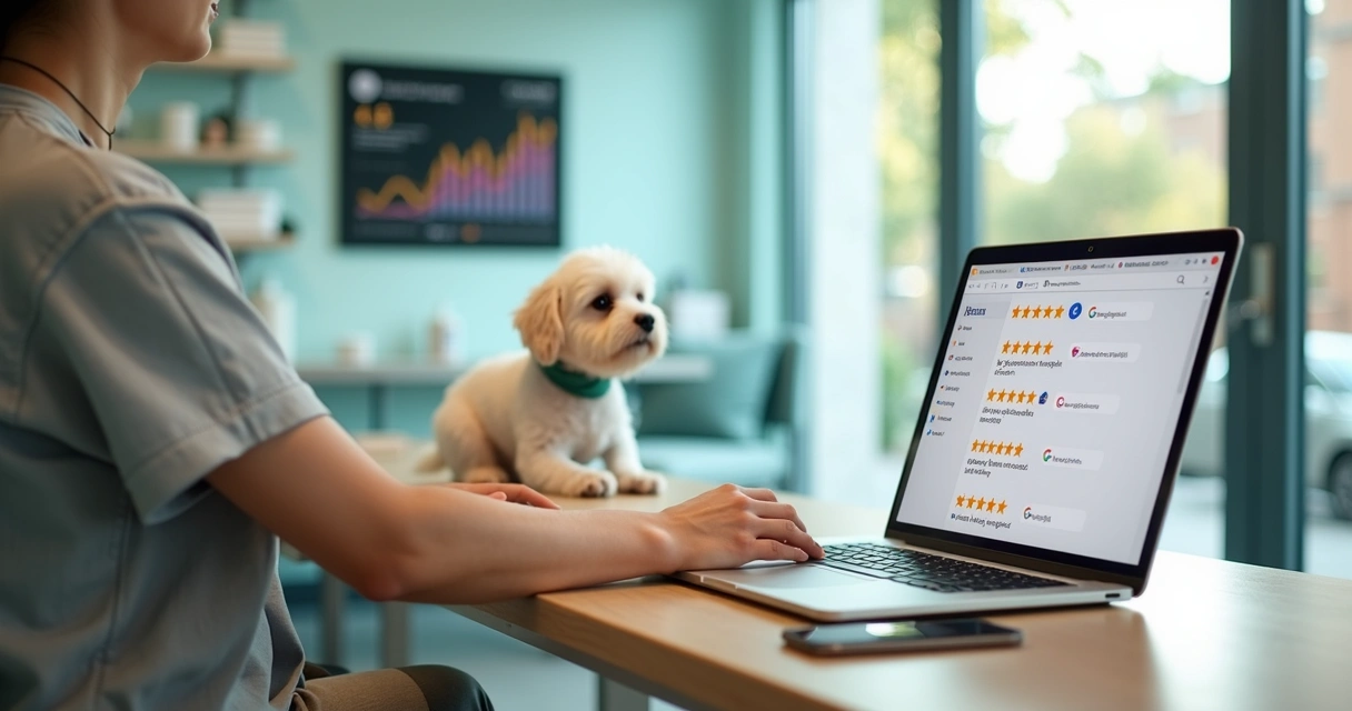 Dono de petshop de banho e tosa analisando avaliações online no notebook ao lado de um cachorro 