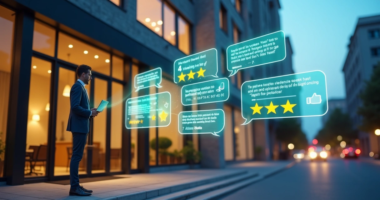 Gerente de hotel observando avaliações online projetadas sobre fachada do hotel 