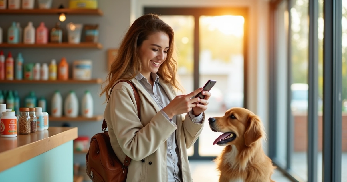 Tutora e pet sorrindo em frente ao balcão de petshop olhando para o celular. 