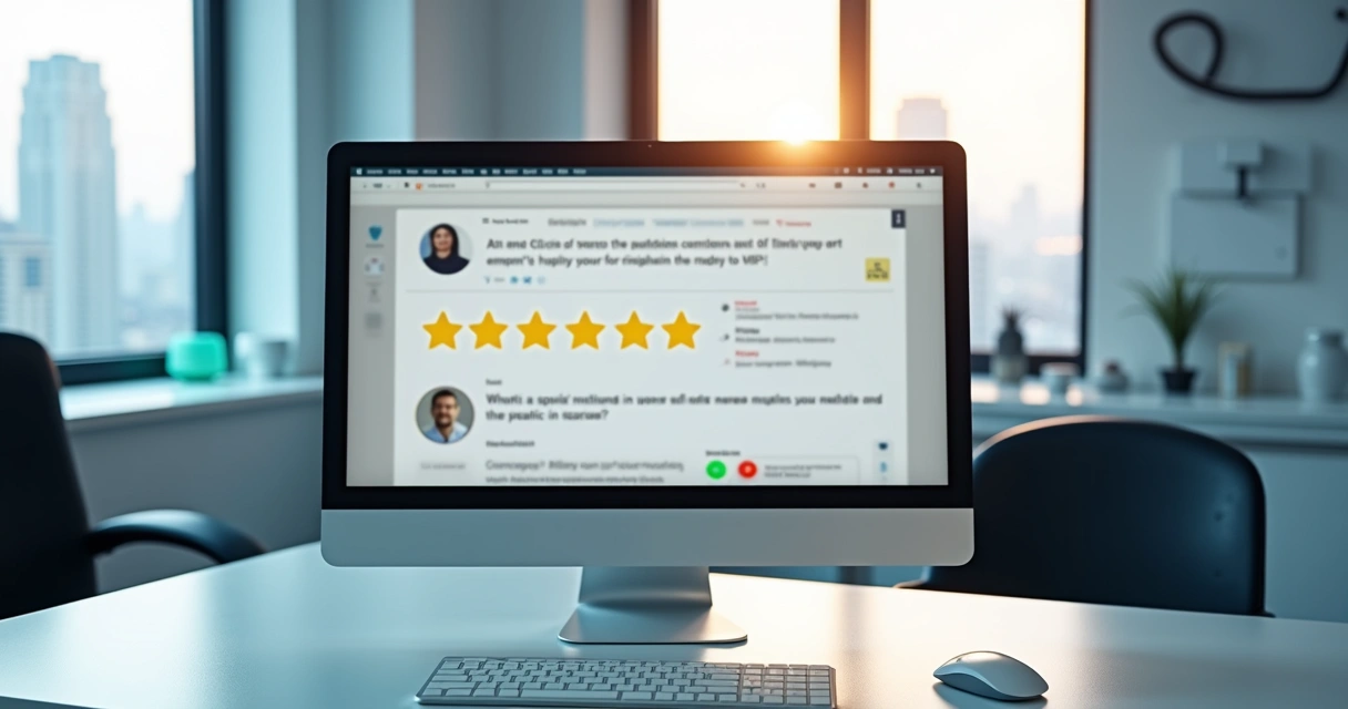 Geolocalização: Como Aumentar Agendamentos em Clínicas Locais Avaliações online com estrelas em tela de clínica digital