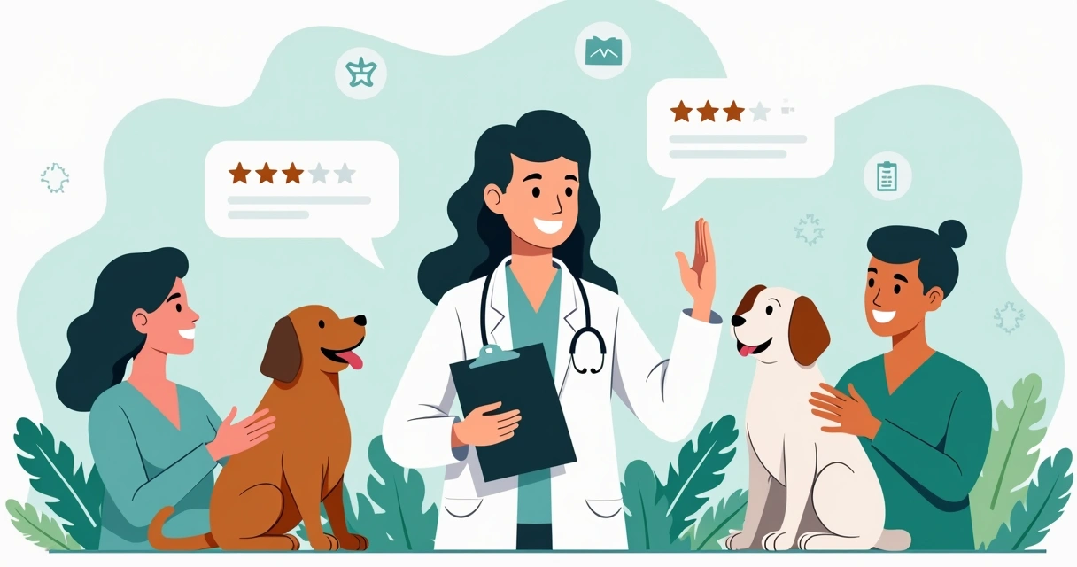 Ilustração corporativa flat de veterinário sorridente com prancheta e clientes satisfeitos ao fundo, estrelas de avaliação e balões de texto positivos 