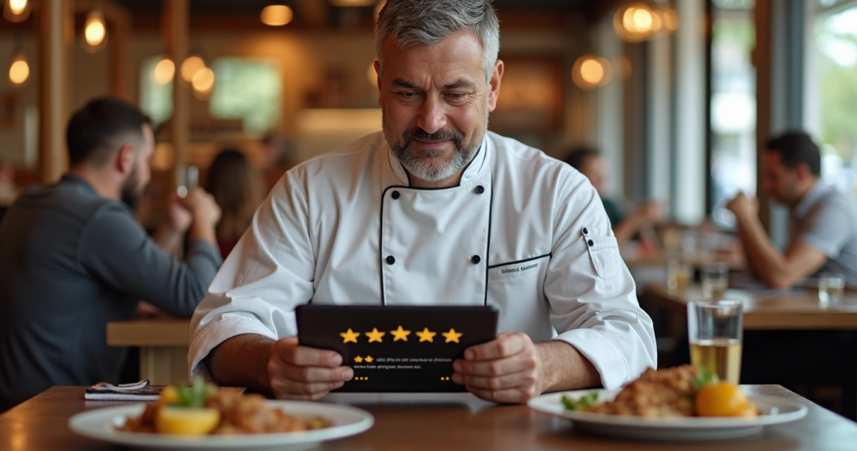 Dono de restaurante usando tablet para ver avaliações online 